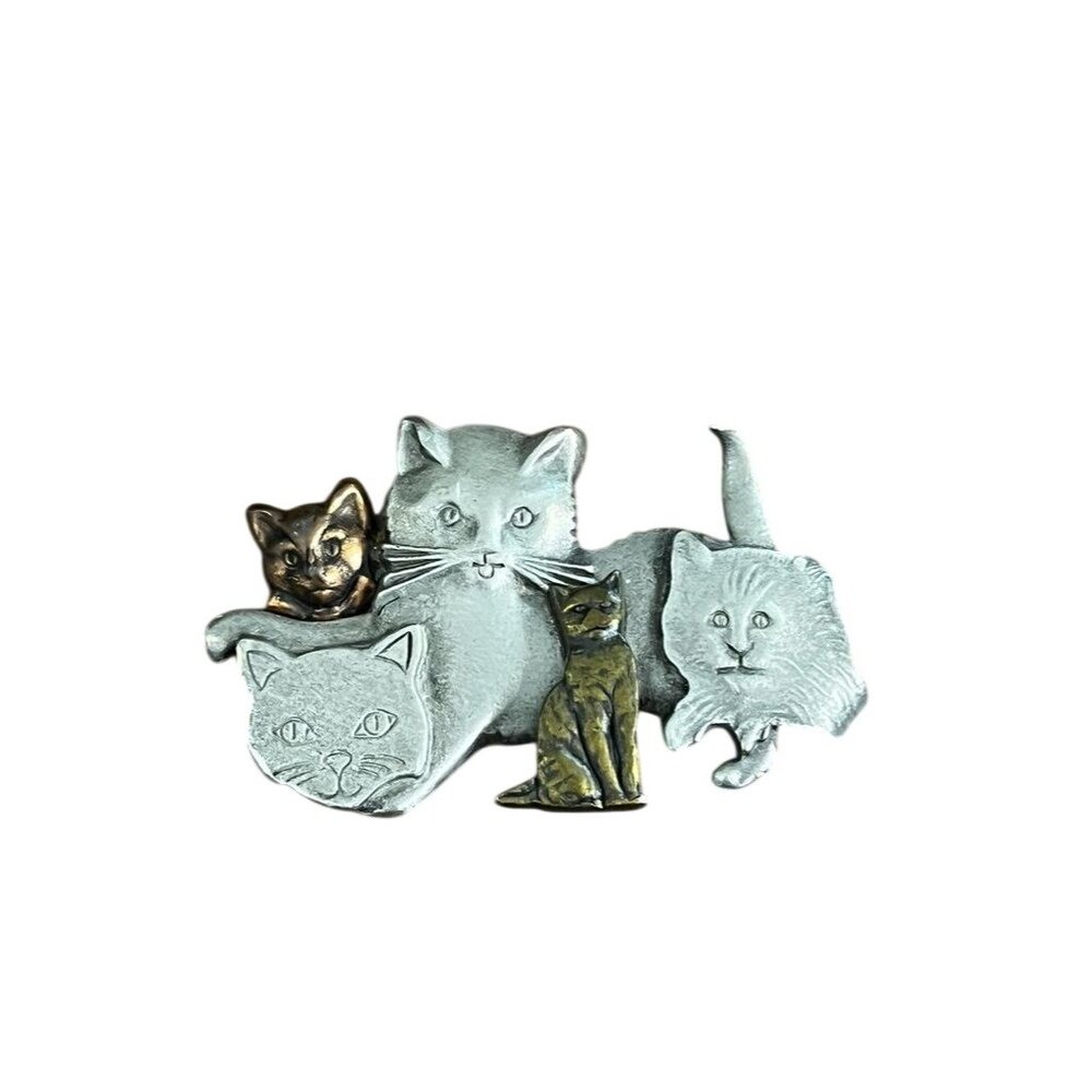 Vintage‎ Herd of Cats Brooch Metal Whimsical 90s Metallic Tri Color Jewelry Chic